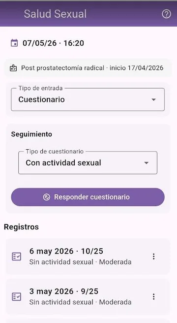 Pantalla del qüestionari de salut sexual
