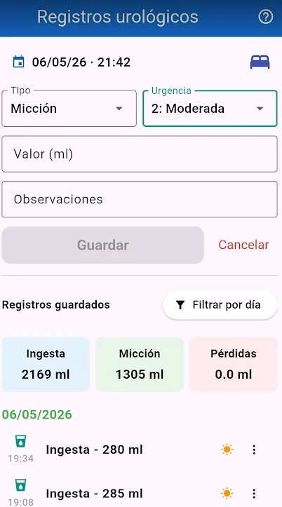 Pantalla de registre urològic