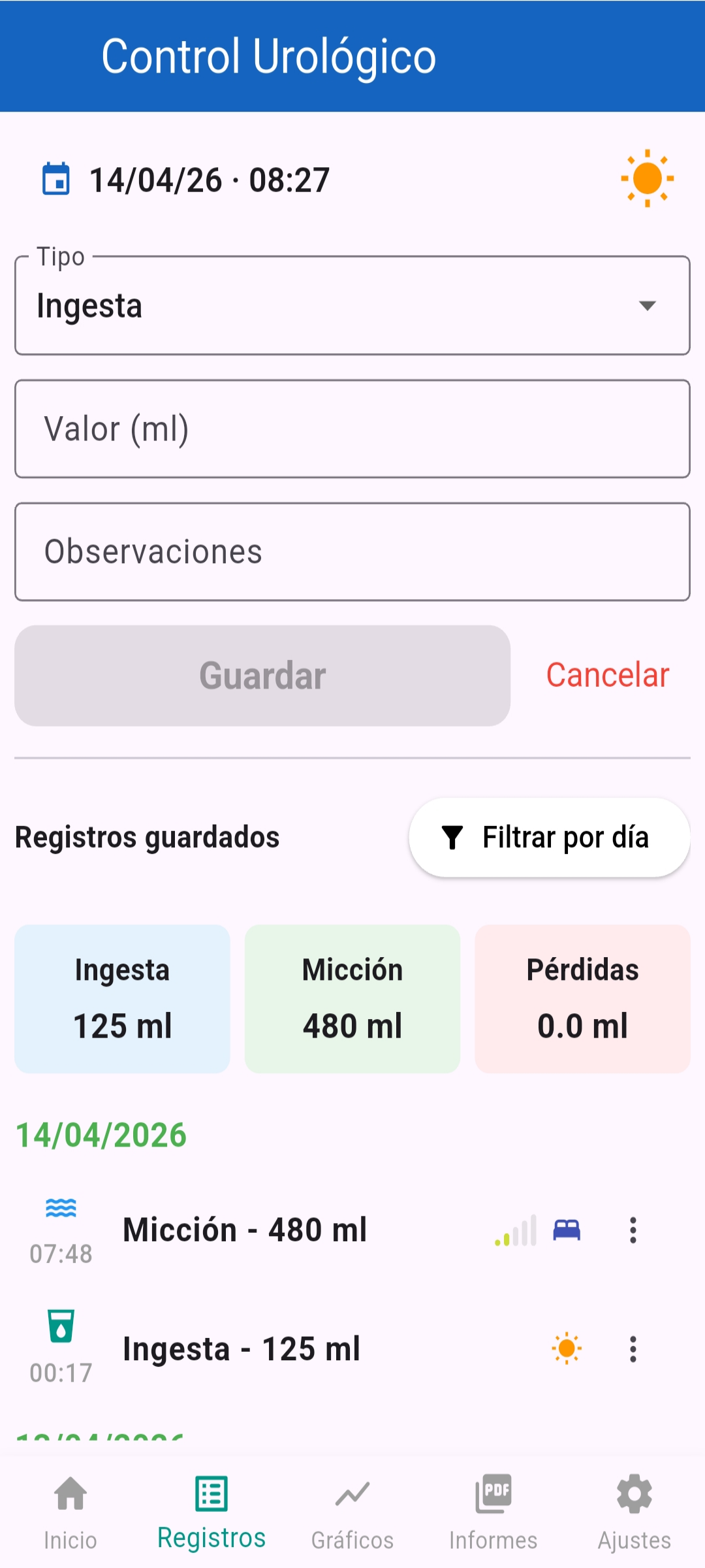 Pantalla de registre del diari miccional