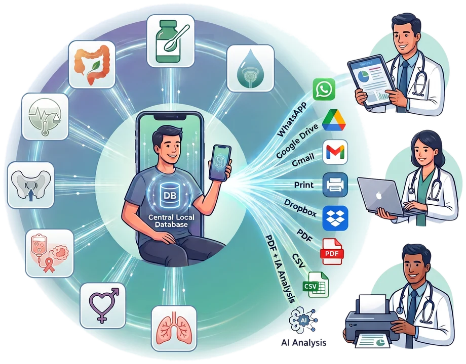 Els mòduls de PAC-SALUT (urologia, intestinal, Kegel, salut sexual, respiratori, oncologia, medicaments i constants) alimenten una Base de dades local al telèfon. Des d'allà, la persona pot generar un PDF o un CSV, fer una Impressió, enviar-lo per Correu o Compartir-lo per l'aplicació que triï, inclòs un assistent d'IA, i fer-lo arribar als seus professionals.